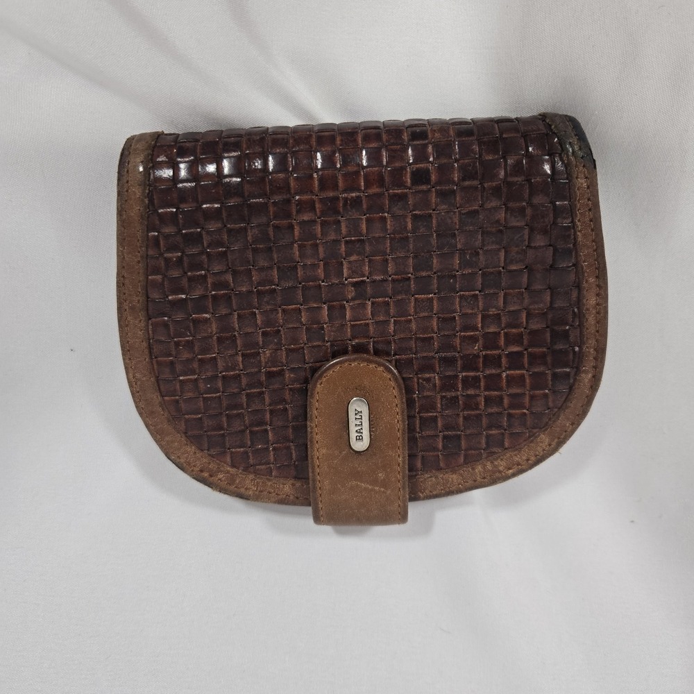 Vintage Bally Brown Woven Leather Womens Compact Wallet Coin Purse Snap
